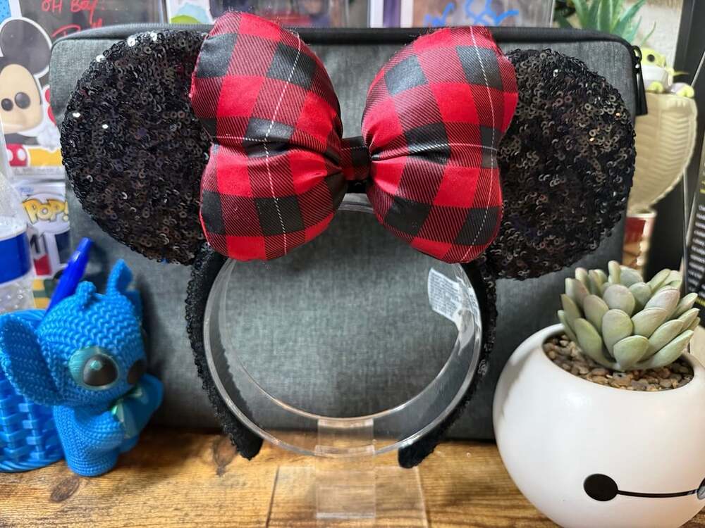 EUC Disney Parks Red and Black Buffalo Plaid Bow Ears Headband